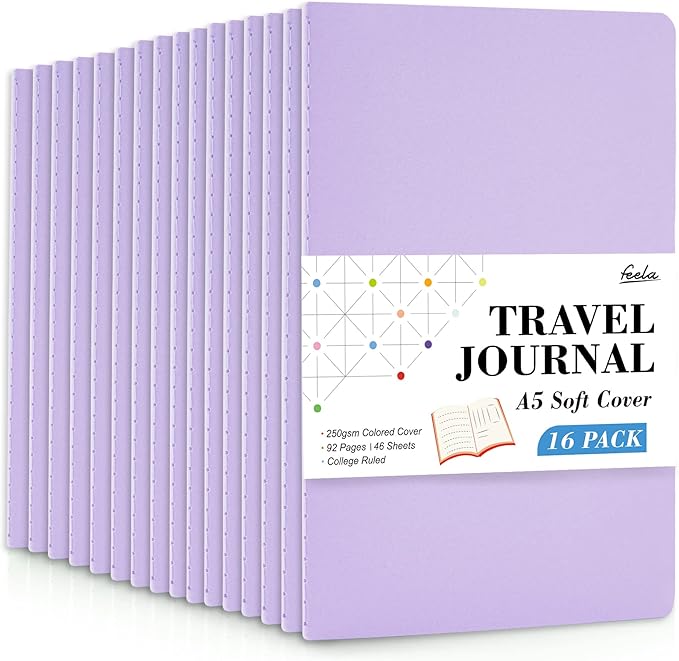 16 Pack Soft Cover Journal Bulk, Feela Lined Notebooks College Ruled for Work for Women Girl Writing, Blank Travel Journal Note Taking Notebook School Business Supplies, 8.2” x 5.5”, A5, Light Purple-DeskLoop Office