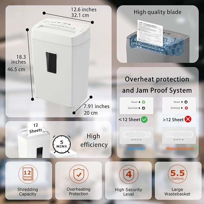 Bonsaii 12-Sheet Cross Cut Shredder, P-4 High Security Shredding, 5.5 Gal, Heavy Duty for Home Office, Shreds Paper, Credit Card, Mail, Staples, with Transparent Window, White-DeskLoop Office