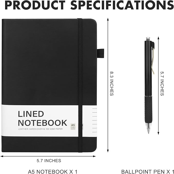 Aodaer Lined Notebook Journal with Pen A5 Notebooks 100 GSM College Ruled Hardcover Notebook PU Leather Notepad with Pen Holder for Office School, 5.7 x 8.3 Inches, Black-DeskLoop Office