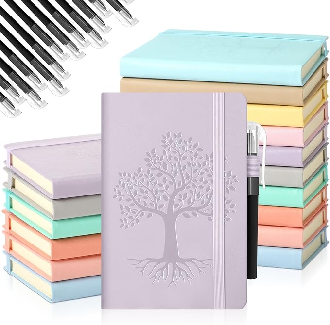 Estune Tree Small Notebooks Pen Leather Lined Pocket Subject Notebooks Hardcover Pocket Notepad Cute Ruled Leather Journals with Pen Holder for Men Women School Business, A6 (Elegant Color,20 Set)-DeskLoop Office
