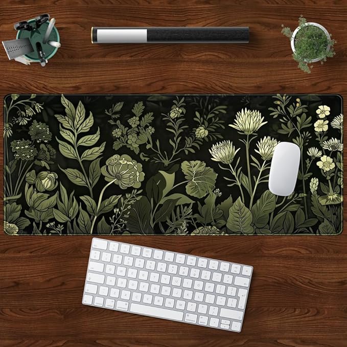Sage Green Floral Black Plant Desk Pad Retro Aesthetics Mouse Pad Large Gaming Mouse Mat for Office Computer Keyboard Laptop Home with Stitched Edges,Non-Slip Base 31.5 X 11.8 in-DeskLoop Office