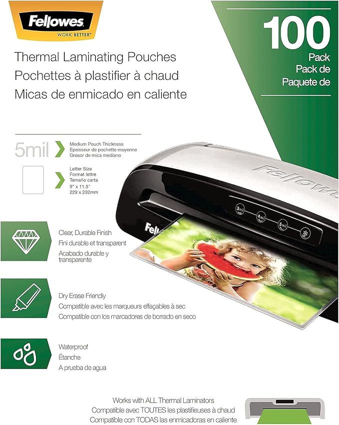 Fellowes Thermal Laminating Pouches, 5mil Letter Size Sheets, 9 x 11.5, 100 Pack, Clear (5743501)-DeskLoop Office