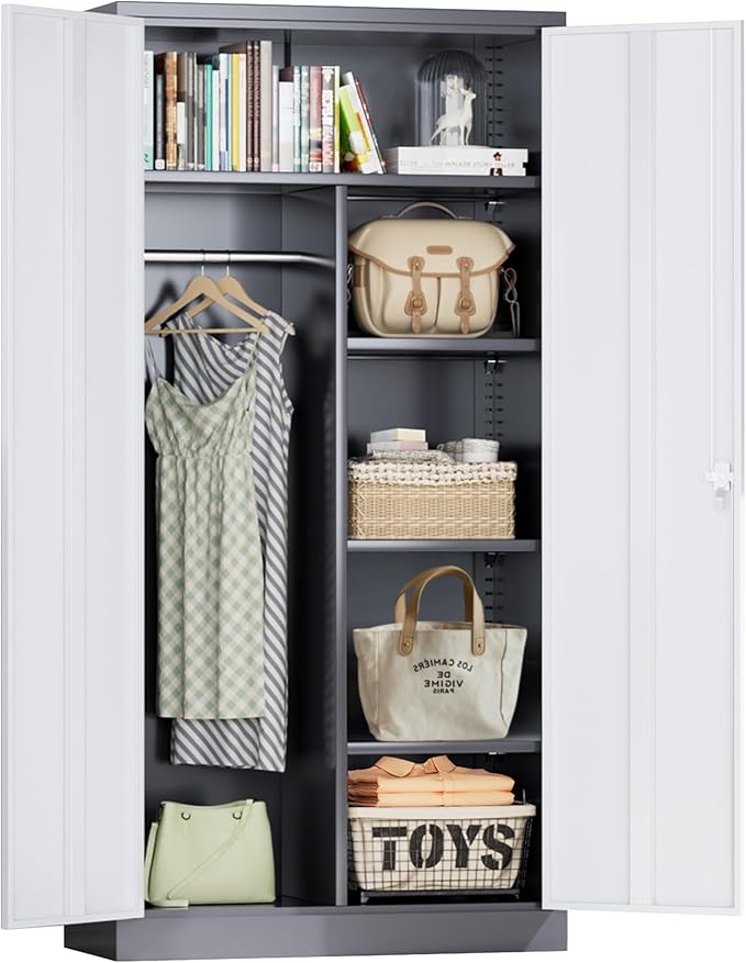 Greenvelly Metal Wardrobe Cabinet with Lock Door, 72" Metal Wardrobe Closet Cabinet with Hanging Rods and Adjustable Shelves, Steel Storage Locker Closet for Home, Office, Employee, Gym (White Grey)-DeskLoop Office