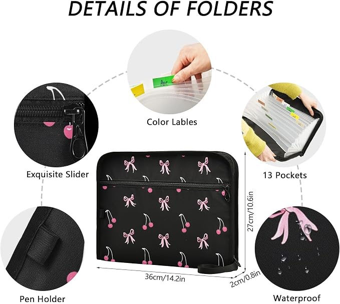 Expanding File Folder Black Pink Bow Cherry Accordion File Organizer 13 Pockets - Image 4