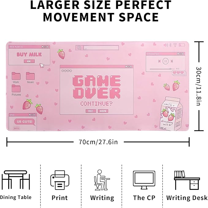 Pink Gaming Mouse Pad 27.6x11.8 Inch Pastel Game Over Large Mousepad Kawaii - Image 2