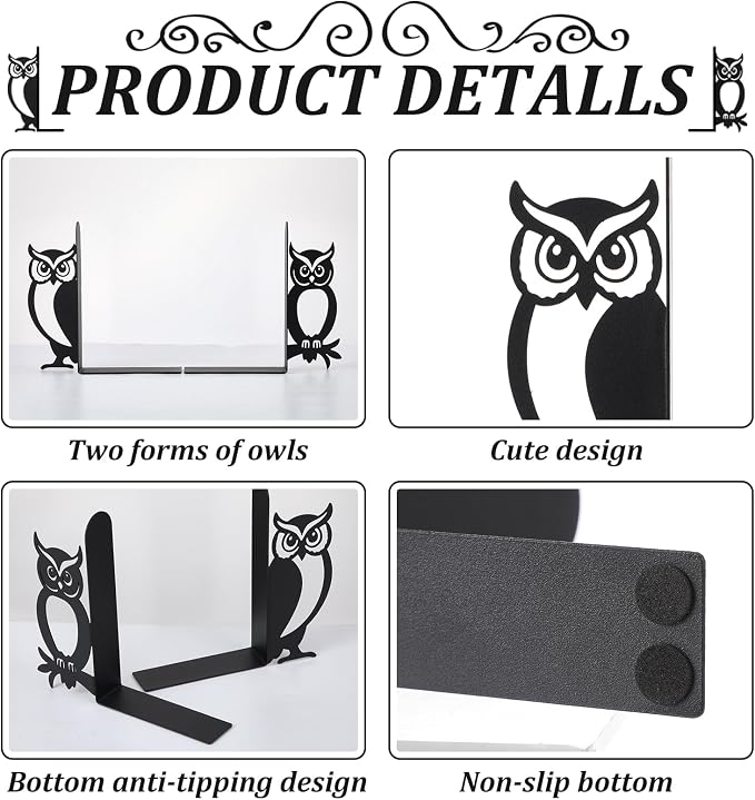 Geelin Owl Bookends for Shelves Decorative Metal Book Ends Set of 2 Styles - Image 3