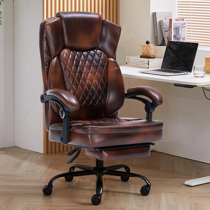 Ergonomic Office Chair with Foot Rest, Executive Chair with Footrest PU Leather Computer Chair, Big and Tall Chair Reclining Desk Chair, Thick Padded Coil Spring Seat, 400 lbs Capacity (Brown)-DeskLoop Office