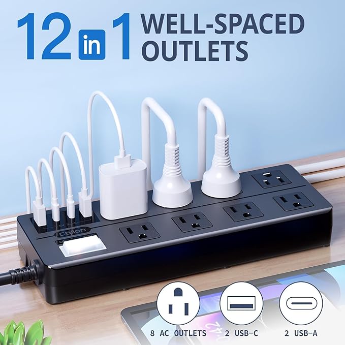 IPX6 Outdoor Power Strip Weatherproof, Waterproof Surge Protector with 8 Wide Outlet with 2A2C USB Ports, 10FT Long Extension Cord, Wall Mountable for Outside Decorations and More UL Listed(Black)-DeskLoop Office