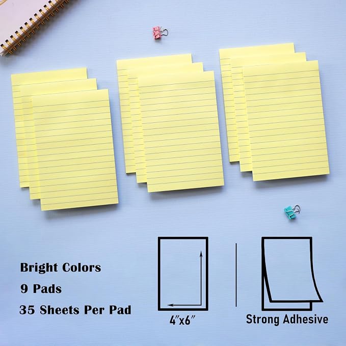 9 Pack Lined Sticky Notes 4x6 in Post, Strong Adhesive, Self-Stick Pads - Image 2