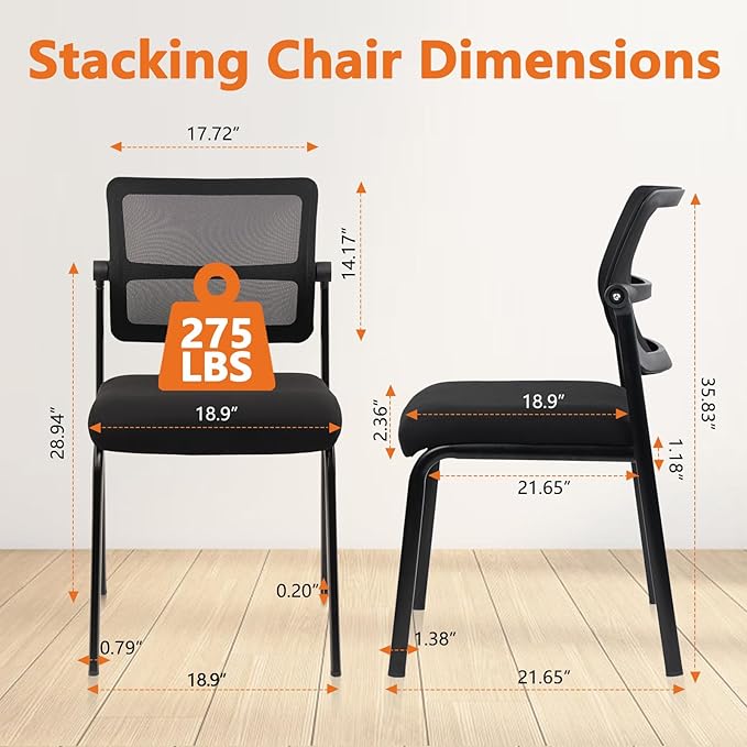 CLATINA Stacking Armless Office Waiting Room Chair with Adjustable Backrest, Stackable Mesh Guest Reception Desk Chairs with Ergonomic Lumbar Support for Home Conference Lobby Side School, Black-DeskLoop Office