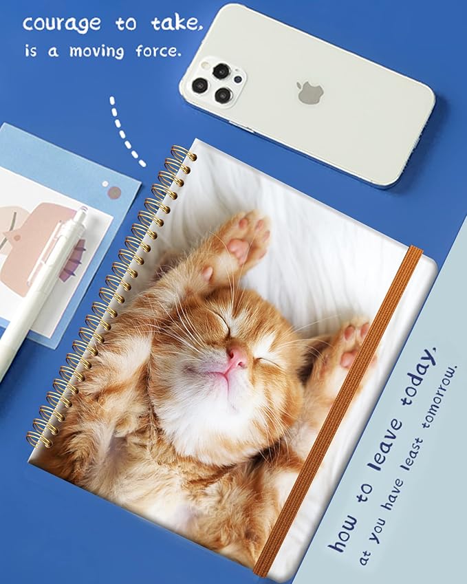 Ruled Spiral Writing Notebook,A5 Hardcover Lined College Journal for Women Lady Girl,Cute Strong Twin-Wire Binding with Premium Paper,8.4" X 6",Perfect for School,Office,Home Gifts(Sleeping Cat)-DeskLoop Office