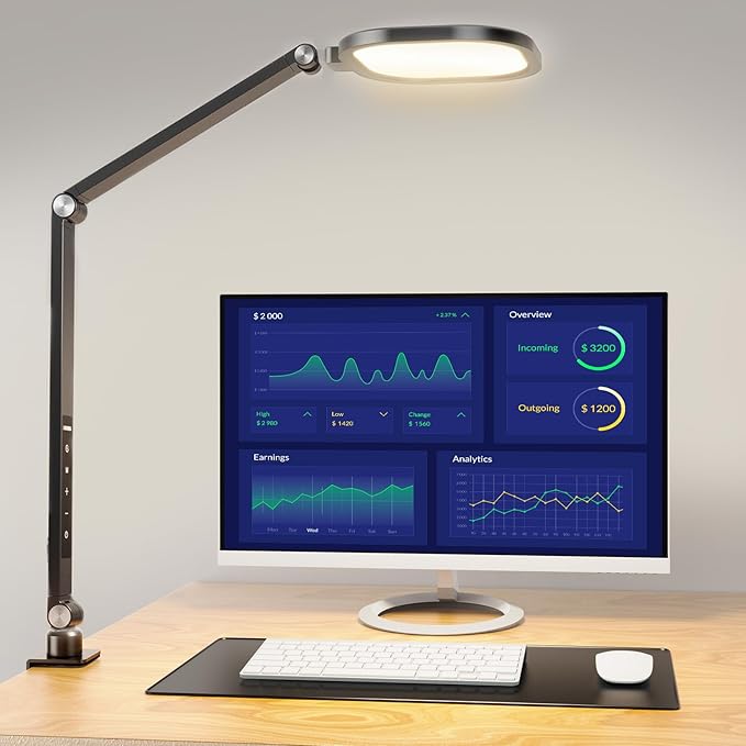 Desk Lights for Home Office, 1200 Lumen LED Desk Lamps with Clamp, Highly Eye-Caring Video Conference Light for Computer, 3 Color 10 Brightness Levels for Ideal Lighting, Remote, Memory & Timer-DeskLoop Office