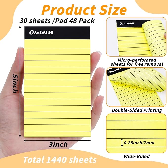 Oleitodh 3x5 Notepads – 48 Pack Yellow Memo Pads Small Writing Pads - Image 2