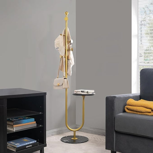 Coat Rack Stand, Metal Coat Tree with Bamboo Tray & 6 Hooks, Heavy Duty Marble Base Corner Coat Stand for Bedroom Hallway Entryway Living Room Office 13.78 x 13.78 x 68.11 Inches (Gold)-DeskLoop Office