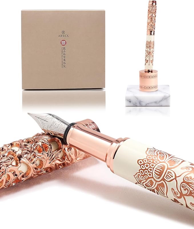 Luxury Fountain Pen Set With Stand - Museum Art Collections - Crafting Timeless Beauty - the Best Gift & Office Desk Decor, German SCHMIDT Fine Nib, Solid Metal & Marble Texture-DeskLoop Office