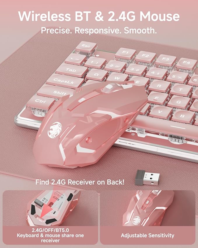V3 Wireless Keyboard and Mouse with Single Backlit, Metal Panel, Bluetooth/2.4G Rechargeable Computer Keyboard and Mouse Combo Silent Lighted Full Size Cute Keyboards-Pink-DeskLoop Office