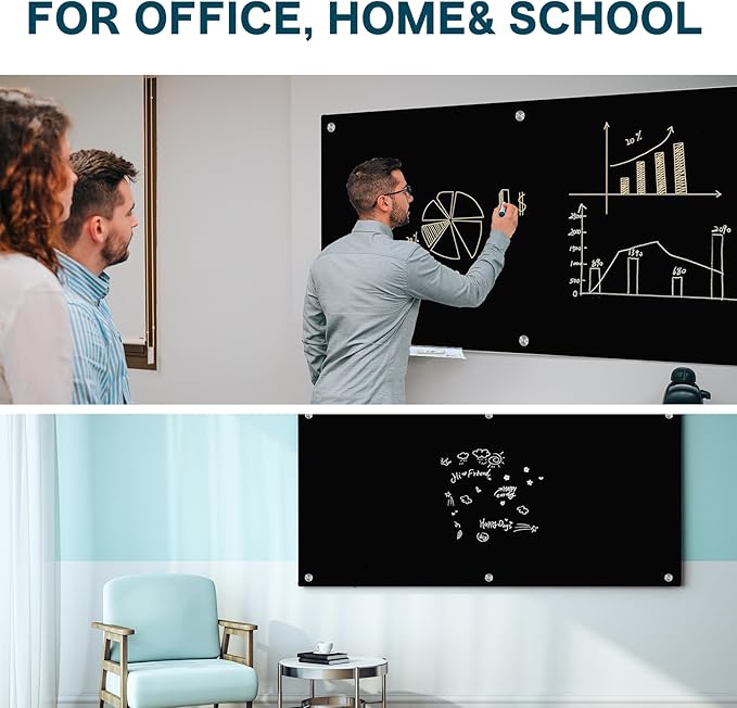 J&J worldwide Glass Whiteboard 6' x 4', Magnetic Black Glass Dry Erase Board, Black White Board Frameless, Includes Markers, Magnets, Marker Tray, Eraser for Wall, Office, Home, School-DeskLoop Office