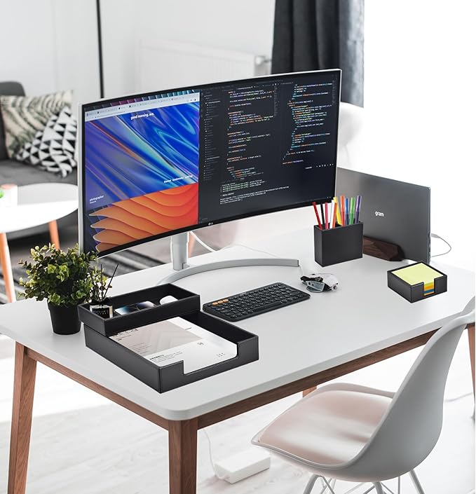 4 Pack Leather Office Supplies/Desk Organizer for Letter Paper Tray,Sticky Note Holder,Pen Cup,Stackable Small Letter Mail Sorter Tray,Workspace Decor for Women Men (Black, 4-piece set)-DeskLoop Office