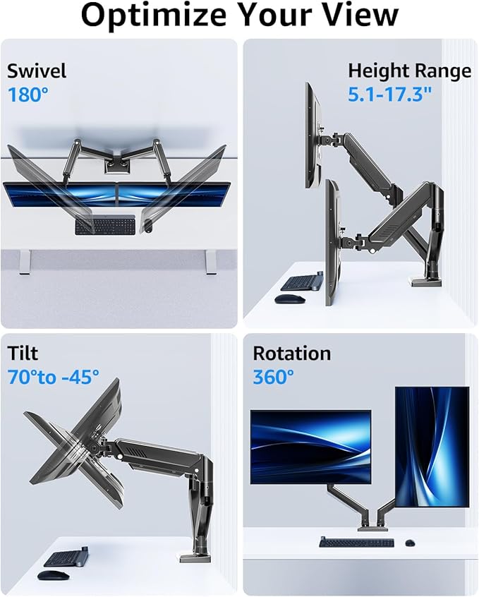 Dual Monitor Stand fits up to 32 inch, 4.4-22 lbs Computer Screens, Dual Monitor Desk Mount Height Adjustable, Monitor Arms for 2 Monitors, Home Office VESA Mounts with Gas Spring, Freelift Black-DeskLoop Office