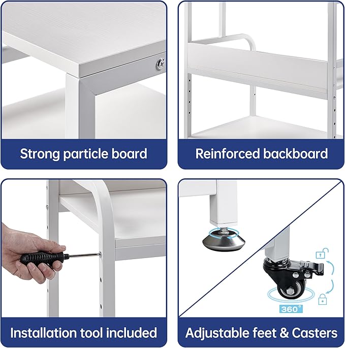 Printer Stand, 32.3" x 18.9" x 32.1" Extra Large Printer Table with Adjustable Storage Shelf, 3 Tier Rolling Printer Cart with Industrial Wheels for Home Office, White-DeskLoop Office