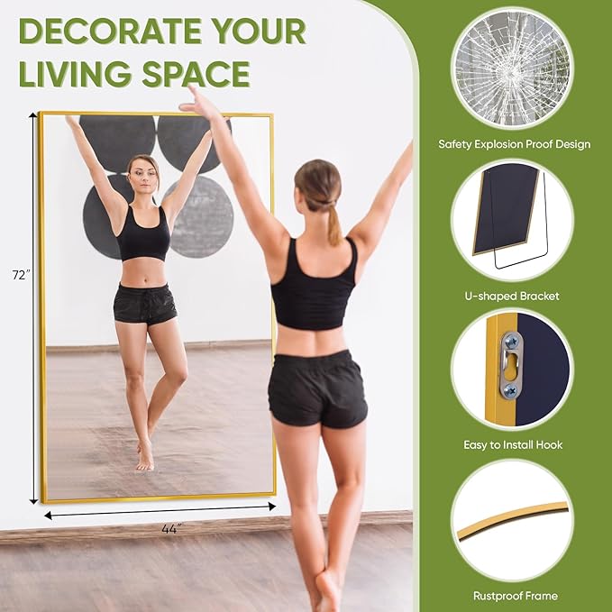 Full-Length Floor Mirror with Stand, 72"x44" Rectangle Style Full Body Standing Mirror for Bedroom, Living Room, Gym, Dorm - Shatter-Resistant & Easy Assembly, Gold-DeskLoop Office