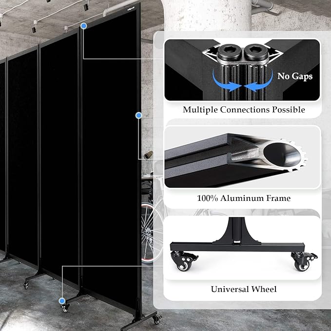 Upgrade Version Room Partition and Divider, Freestanding Rolling Dividers with Wheels,Office Privacy Screen Divider Wall,Classroom Felt Dividers,8'2"L* 6'7"H,4 Panel，Black-DeskLoop Office