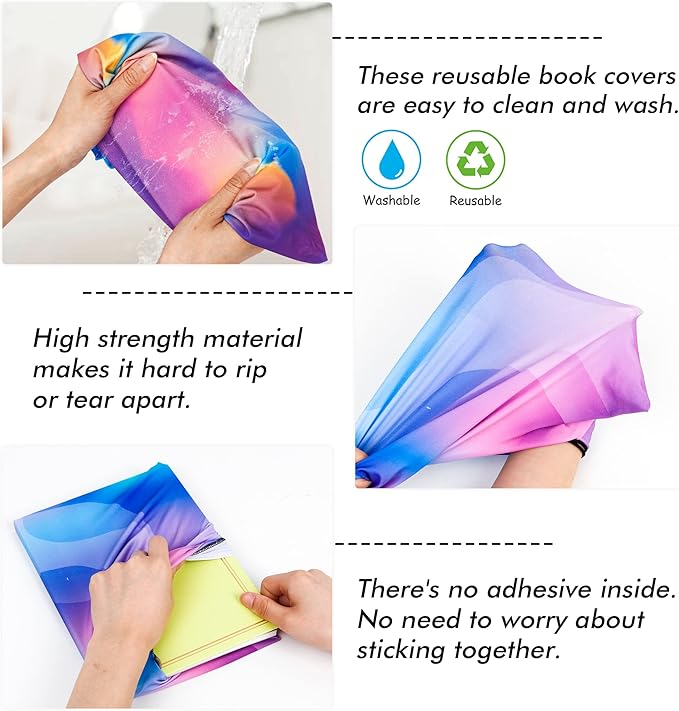 Feela 8 Pack Stretchable Jumbo Fabric Book Covers - Washable Durable Reusable Nylon for Hardcover Textbooks Notebooks up to 9"x11" - 8 Neon Patterns-DeskLoop Office
