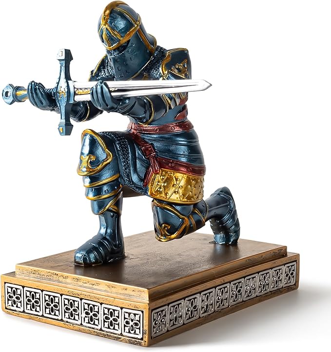 MACLARONX Kneeling Knight Pen Holder with Sword Medieval Warrior Fancy Pencil Stand for Office Desk Home Decor for Men Father Husband Armor Soldier Statue-DeskLoop Office