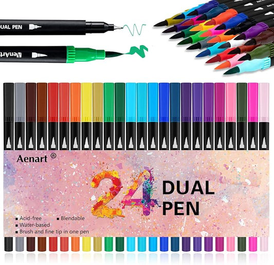 Aen Art Dual Brush Markers for Adult Coloring Books, 24 Colored Fine Point by ColoringForFun