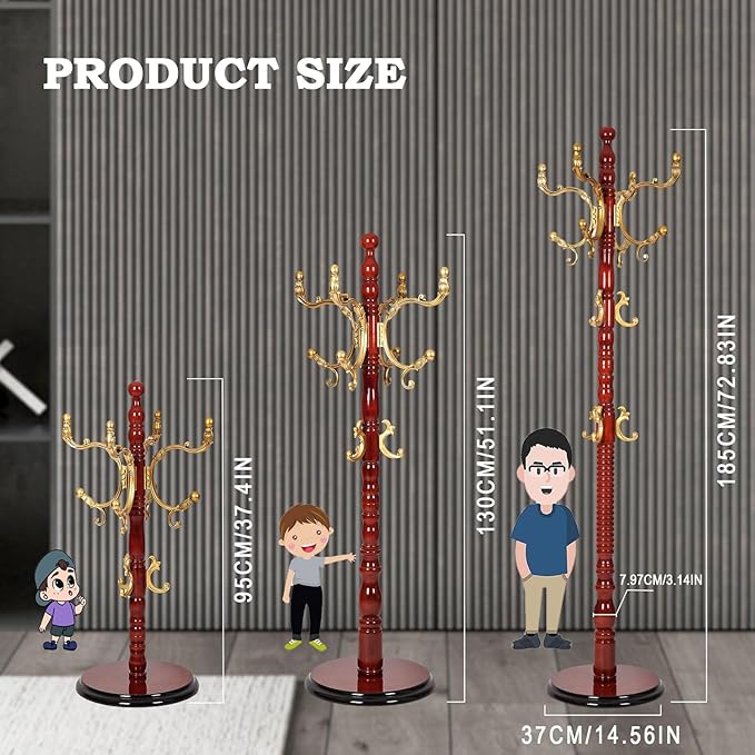 Coat Racks Free Standing with 14 Hooks, Natural Wood Coat Rack with Solid Round Base, Adjustable Height Coat Racks, Easy Assembly for Hallway, Bedroom and Office (Begonia color)-DeskLoop Office