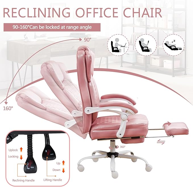 Ergonomic Office Chair with Foot Rest, Executive Chair with Footrest PU Leather Computer Chair, Big and Tall Chair Reclining Desk Chair, Thick Padded Coil Spring Seat, 400 lbs Capacity (Pink)-DeskLoop Office