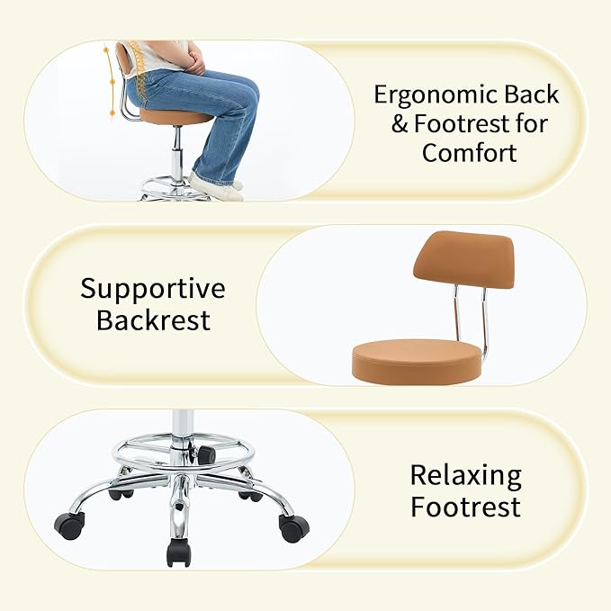 Rolling Stool with Back, Adjustable Tattoo Rolling Chair 19.5’’-26.6’’, Camel Brown Hairstylist Stool with Wheels (Camel Brown)-DeskLoop Office