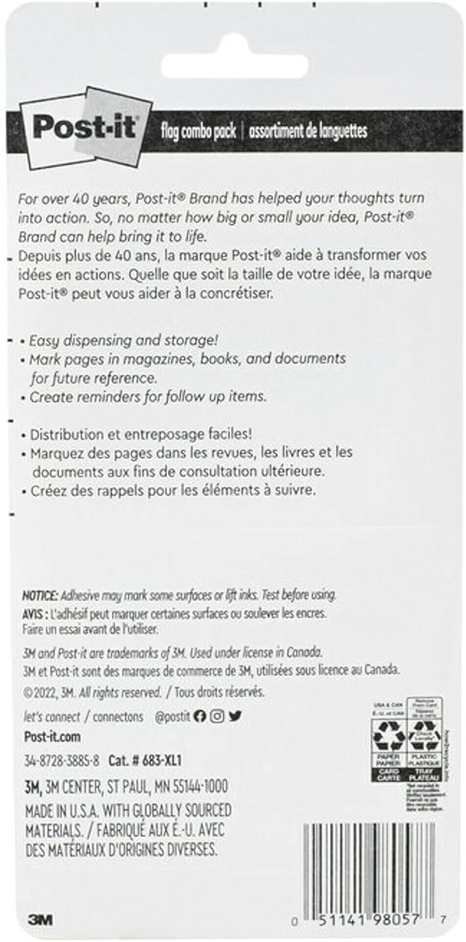 Post-it Flags Combo Pack, 4 On-The-Go Dispensers/Pack, 120 .94 in Wide and 200 .47 in Wide Flags, Assorted Colors (683-XL1)-DeskLoop Office