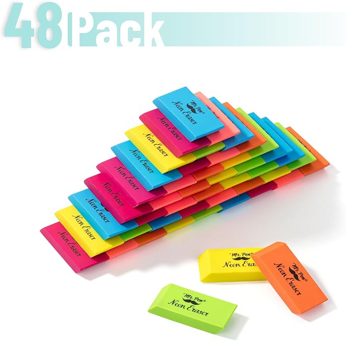 Mr. Pen- Pencil Eraser, 48 Pack, Neon Colors | Large Latex Free Block Erasers - Image 2