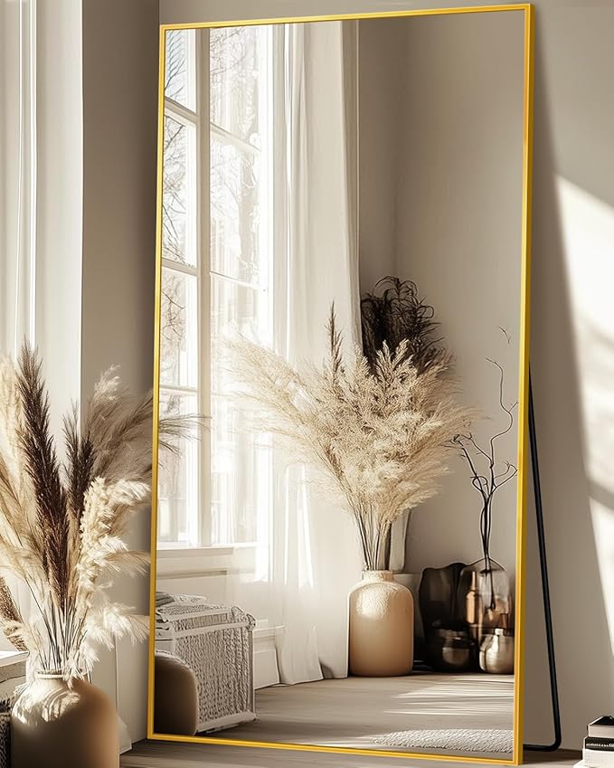 Full-Length Floor Mirror with Stand, 76"x34" Rectangle Style Full Body Standing Mirror for Bedroom, Living Room, Gym, Dorm - Shatter-Resistant & Easy Assembly, Gold-DeskLoop Office