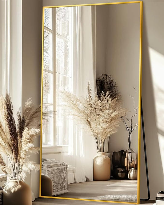 Full-Length Floor Mirror with Stand, 76"x34" Rectangle Style Full Body Standing Mirror for Bedroom, Living Room, Gym, Dorm - Shatter-Resistant & Easy Assembly, Gold-DeskLoop Office