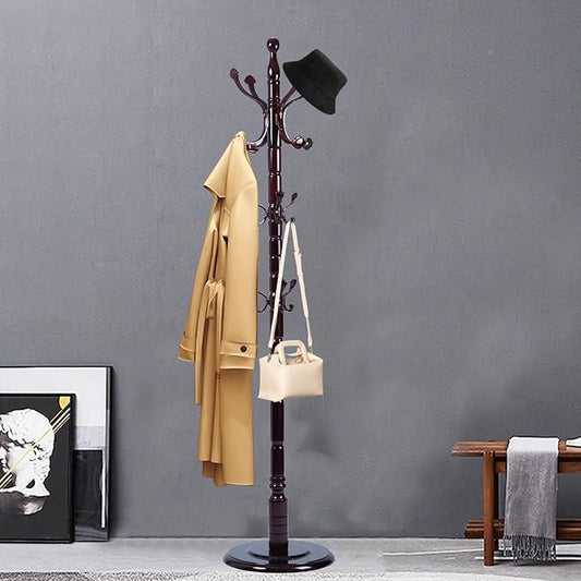 Coat Racks FreeStanding with 14 Hooks, Natural Wood Coat Rack with Solid Round Base, Adjustable Height Coat Racks, Easy Assembly for Hallway, Bedroom and Office (Rosewood Ruyi Hook)-DeskLoop Office