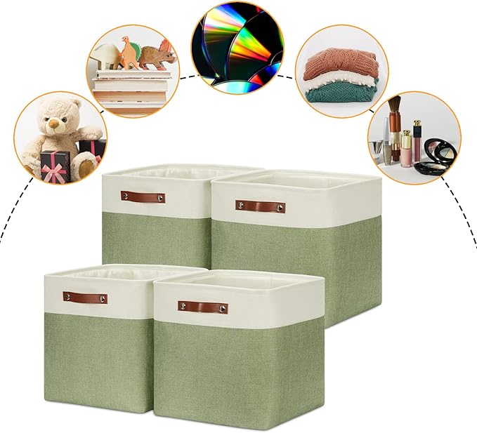 DULLEMELO Storage Baskets for Organizing, Linen Closet Organizers and Storage Baskets for Dog Toy Box, 13 Inch Decorative Cube Storage Bins with handle for Baby Gift Basket(4 Pack - 13" White&Green)-DeskLoop Office