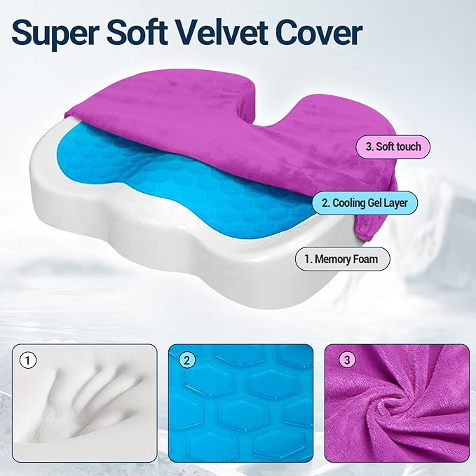 Gel Seat Cushion for Car Office - Memory Foam Pain Relief Chair Pillow Cushions - Tailbone Sciatica Coccyx Butt Lumbar Support Pad for Sitting Driving Traveling, Velvet, Purple-DeskLoop Office
