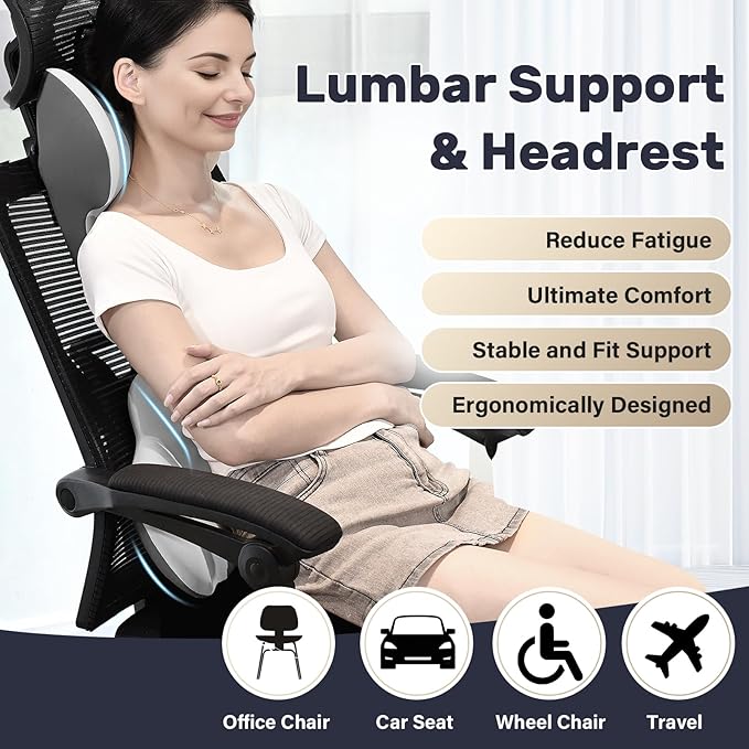 Coverado Lumbar Support and Car Neck Pillow, Ergonomic Memory Foam Desk Chair Cushion and Headrest Pillow for Car Office Chair, Sciatica & Neck & Tailbone Cushion-Black&Gray-DeskLoop Office