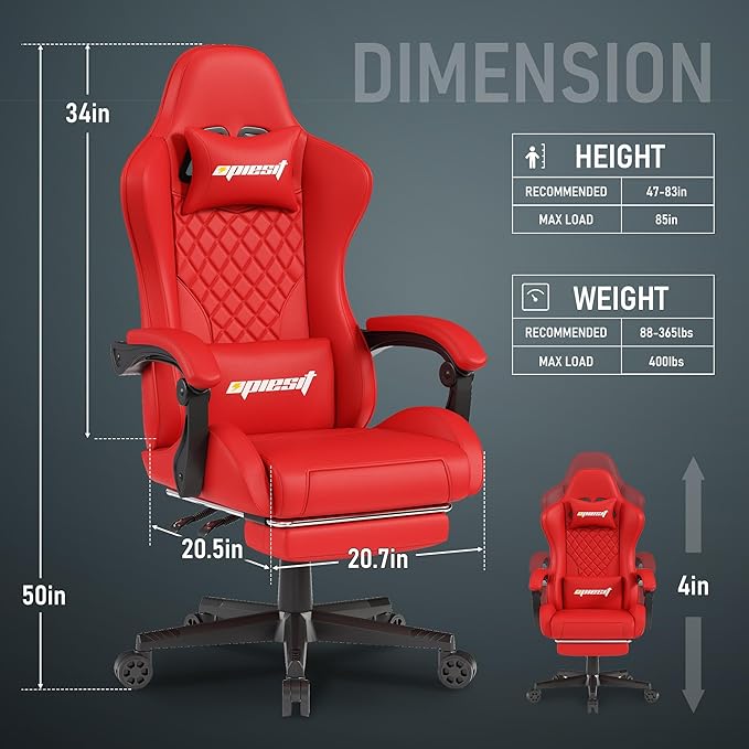 Gaming Chair,Ergonomic Computer Chairs for Adults with Footrest, PU Leather Office Chair with Adjustable Lumbar Support & Pocket Spring Cushion - Heavy Duty 400lb Capacity Gamer Chair (Red)-DeskLoop Office