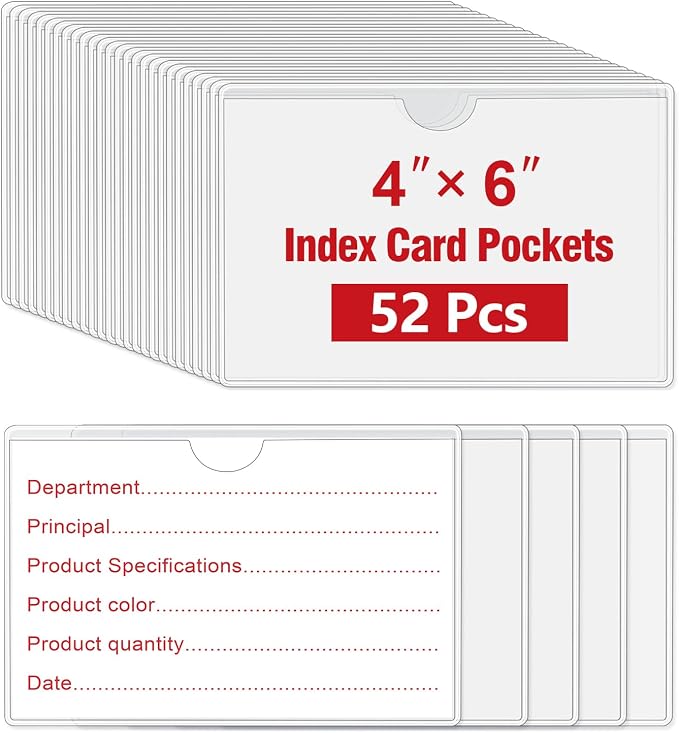 52 Pcs 4" x 6" Self Adhesive Index Card Pockets Label Pockets by BESARME