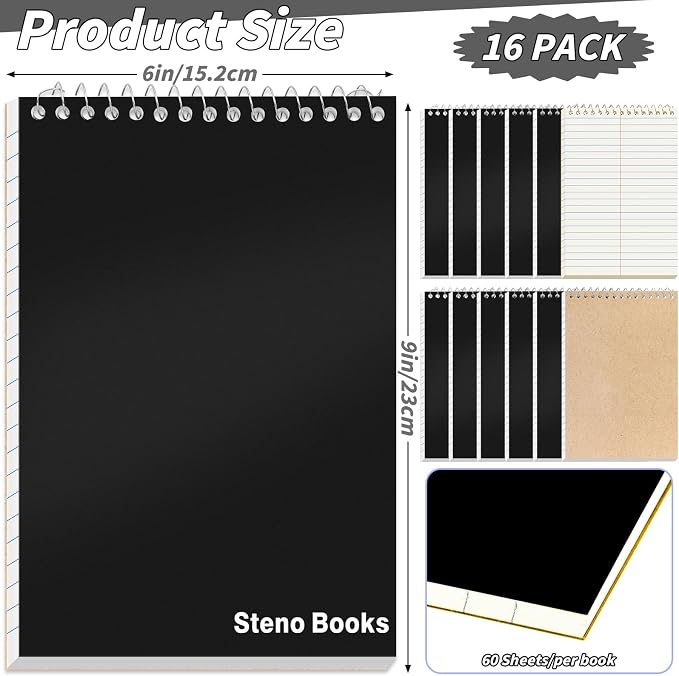 16 Pcs Steno Pads 6 x 9 in Top Spiral Notebook Bulk Pack Note Pad 960 Total - Image 2