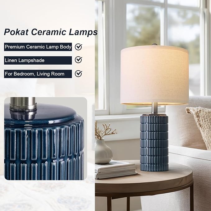 PoKat 20.75" Small Blue Table Lamps, Farmhouse Bedside Lamps - Image 6