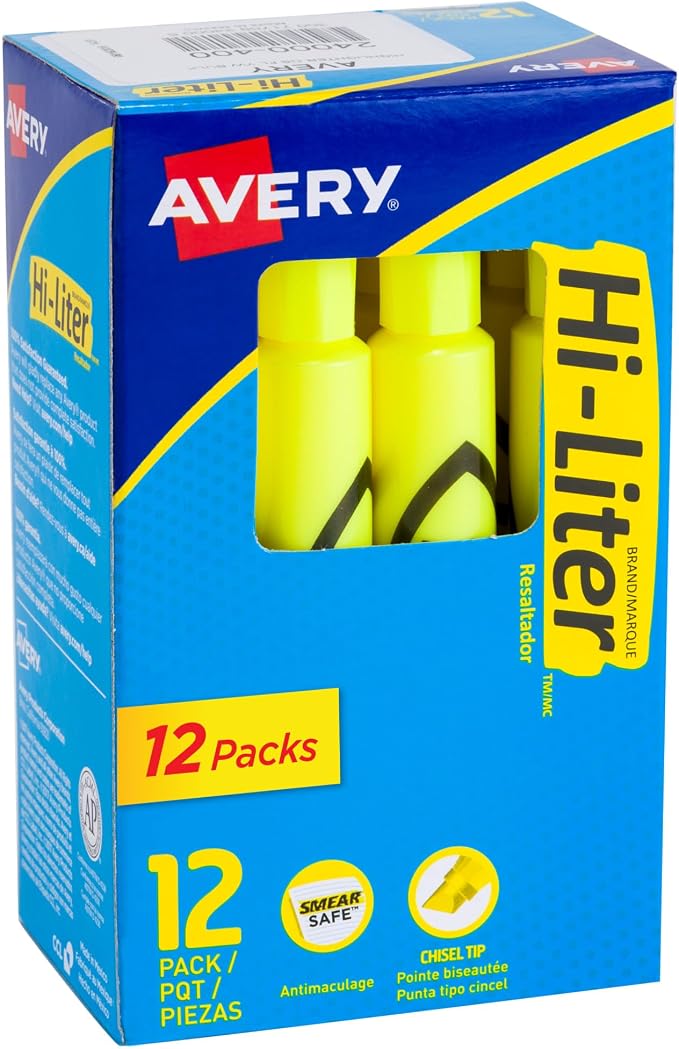 Avery Hi-Liter Desk-Style Highlighters, Smear Safe Ink, Chisel Tip, Fluorescent by Avery