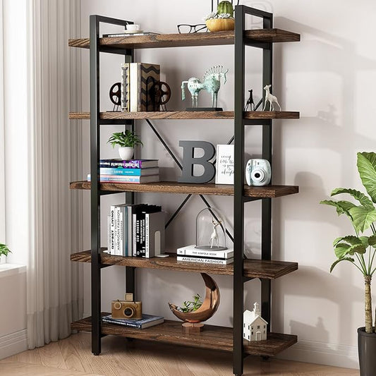 5-Tier Industrial Style Solid Wood Bookcase and Book Shelves,Rustic Wood and Metal Shelving Unit， Living Room,Modern Rustic Open Industrial Book Shelf Office,Distressed Brown (AY-02-5Tier)-DeskLoop Office