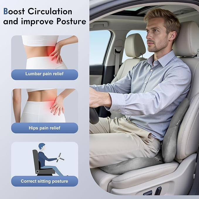 Coverado Memory Foam Car Seat Cushion and Lumbar Support Pillow for Car, Ergonomic Office Chair Cushion for Lower Back Pain Relief, Breathable & Non-Slip for Car, Home, and Office Use, Gray-DeskLoop Office