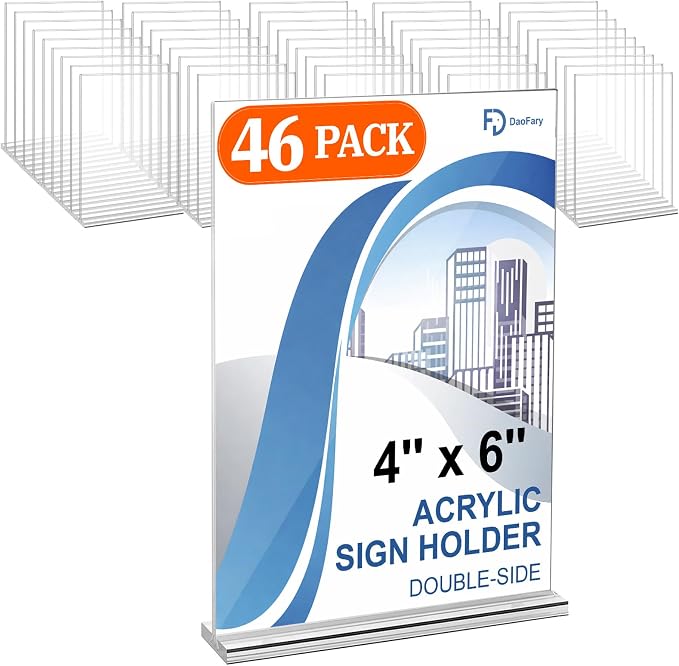 Daofary 4 x 6 Acrylic Sign Holder, 46 Pack Clear Double Sided Table Stand | by Daofary