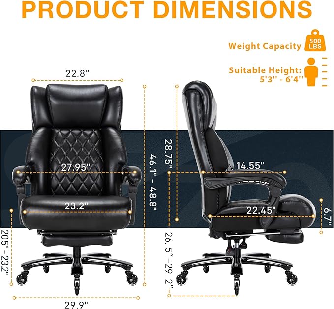 500 LBS Big and Tall Office Chair with Foot Rest High Back Recline Ergonomic Chair for Heavy People, Executive Office Chair Comfortable for Home Office, Large Computer Desk Chair Black-DeskLoop Office