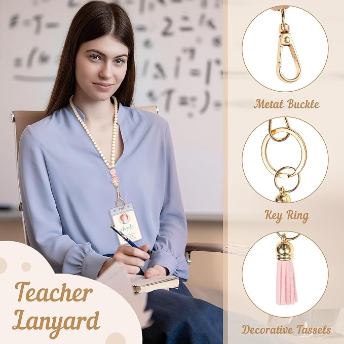 BESARME Teacher Lanyard with ID Holder Cute Wooden Beaded Lanyards - Image 5